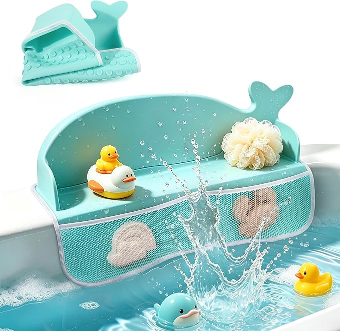 MCGMITT Bathtub Splash Guard, Silicone Bath Shelf for Kid, Bath Toys Storage with 130 Suction Cups & Storage Mesh Pockets, Whale Toddler Tub Water Barrier, Prevent Water Spills in Bathroom