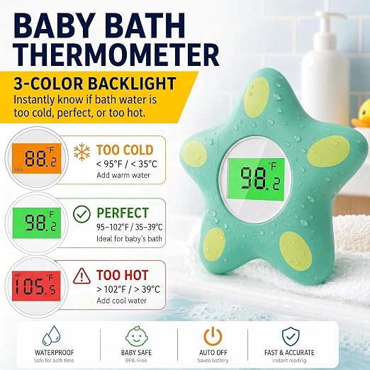Baby Bath Thermometer for Infant & Toddler, Floating Digital Water Temperature Thermometer with 3-Color LED Backlight, Instant Accurate Reading,Baby Bath Toy,Hot & Cold Alert（Green starfish）