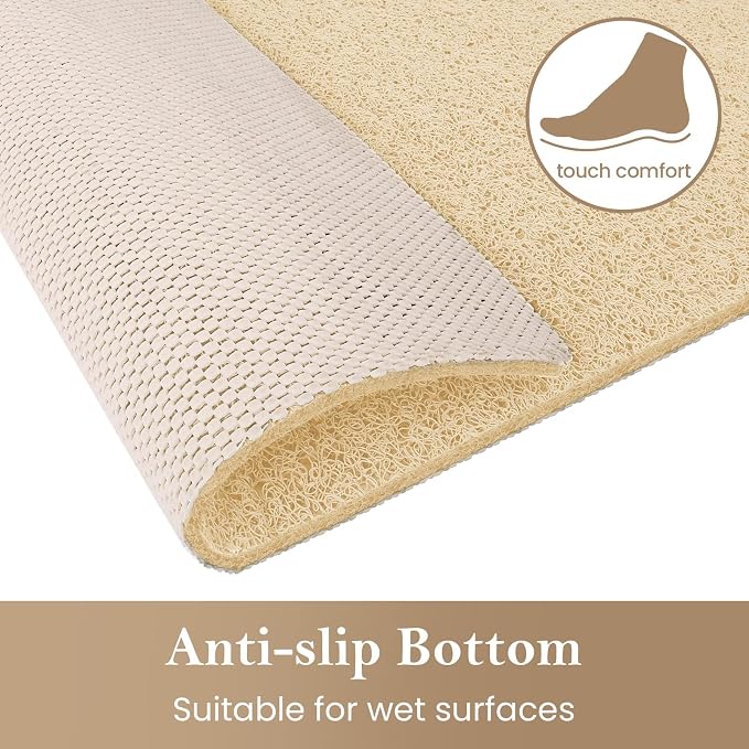 Shower Mat Bathtub Mat Non-Slip,47x16 inch, Soft Tub Mat with Drain,PVC Loofah Bath Mat (Phthalate Free) for Tub and Bathroom,Quick Drying,Khaki