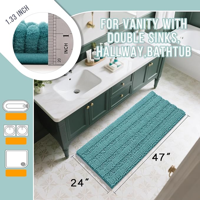 Yimobra Bathroom Rug Mat 47 x 24, Non Slip and Super Absorbent Bath Mat,Machine Washable Quick Dry,Ultra Plush Chenille Shower Rugs for Bathroom Floor Sink Tub and Shower Outside,Teal Blue