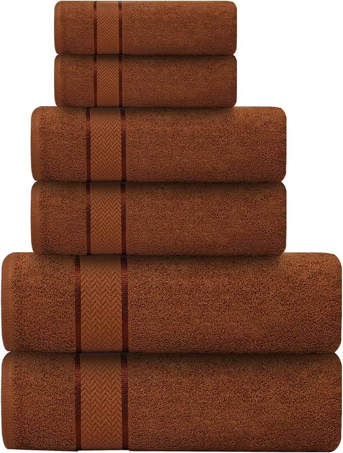 Bath Towels Set-100% Cotton-2 Bath Towel, 2 Hand Towels & 2 Washcloths- Large, Quick Dry, Absorbent, Plush, Soft-Home, Spa, Hotel, Pool, Shower Towel - 6 Piece Luxury Bathroom Towel - Brown