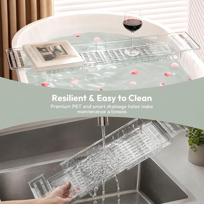 Expandable Clear Acrylic Bathtub Tray Caddy, Foldable Non-Slip Bath Table Tray with Drain Slots, Acrylic Tub Organizer, for Weddings, Anniversaries, Bridal Showers, and New Homes