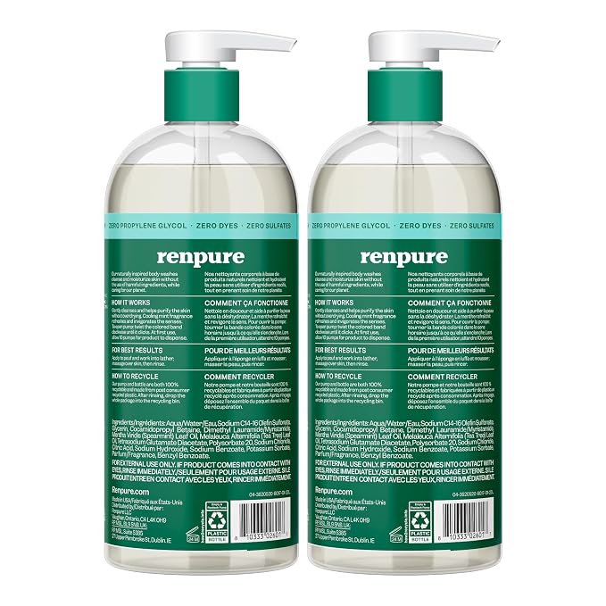 RENPURE Tea Tree & Mint Body Wash - Cleanses, Invigorates & Refreshes Skin Without Over-Drying - For All Skin Types - Tea Tree Leaf Oil, Spearmint Leaf Oil - 24 Fl Oz each,2 Count (Pack of 2)