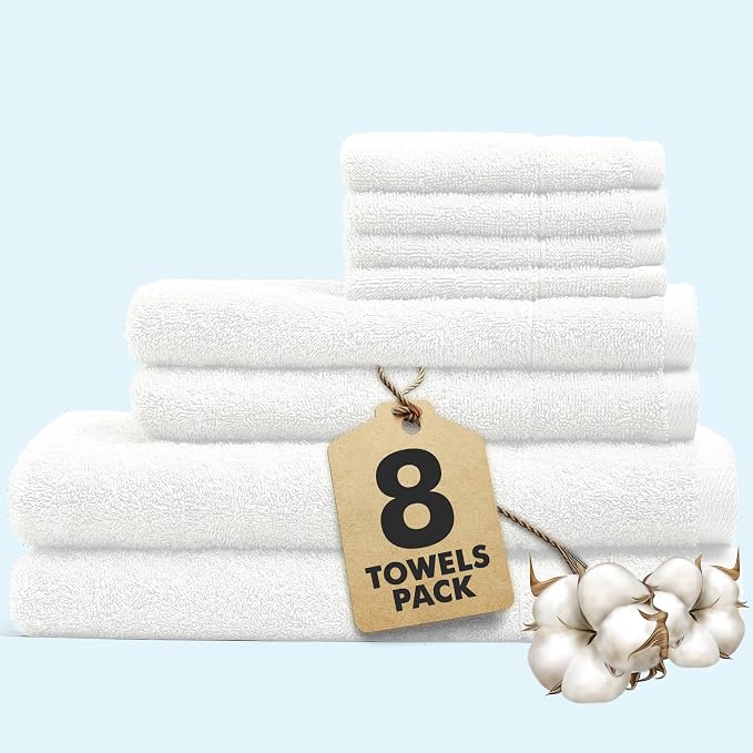 Bath Towels Set of 8 – 100% Ring Spun Cotton (White) Bathroom Towel Set Bale Includes 2 Bath, 2 Hand, 4 Face Towels – 550 GSM Soft, Absorbent & Quick Dry Towel for Bathroom, Spa, Kitchen, Hotel Use