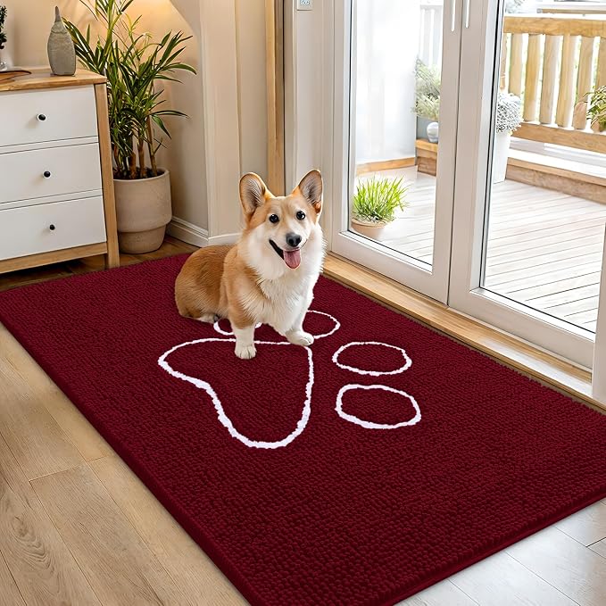 OLANLY Dog Door Mat for Muddy Paws 54x32, Paw Print Design, Absorbs Moisture and Dirt, Absorbent Non-Slip Washable Doormat, Quick Dry Chenille Mud Mat for Dogs, Entry Indoor Entryway Carpet, Burgundy