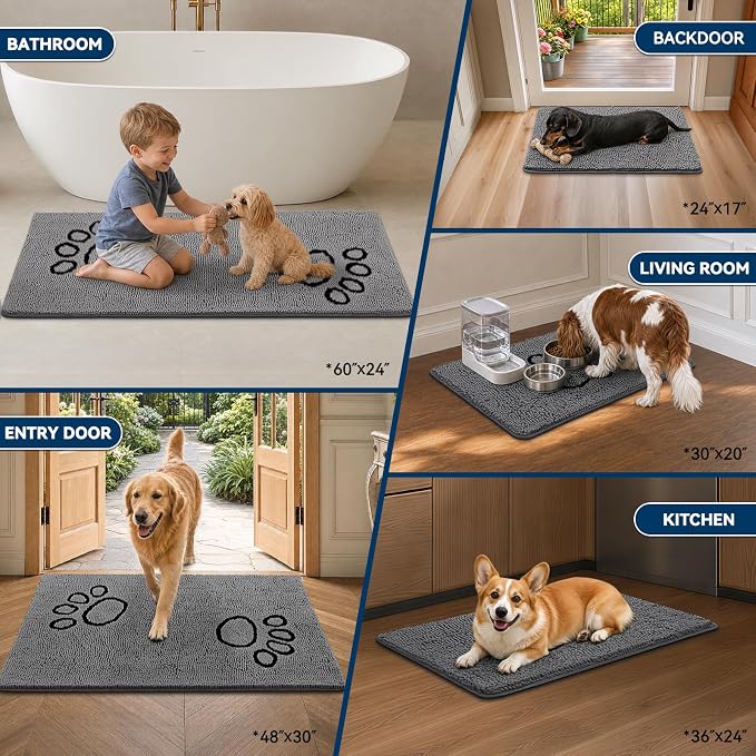 Bcoimo Dog Door Mat for Muddy Paws – Super Absorbent & Quick Dry Chenille Entryway Rug, Non-Slip Indoor Mat Perfect for Pet Owners, Machine Washable Dirt Trapper (Grey 36×24 Inches