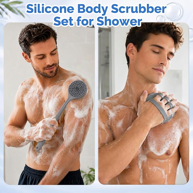 Manmihealth Silicone Back Scrubber (Thin Bristles) & Shower Face Brush Set(3PCS), Gentle-Cleaning & Exfoliating Body Scrubber, Bath Glove, Face Scrubber Combination (Gray)