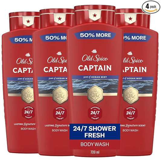 Old Spice Refreshing Body Wash for Men, 3X Defense, 24/7 Shower Fresh with Long Lasting Scent, Red Collection, Captain with Bergamot Scent, 24 oz (Pack of 4)