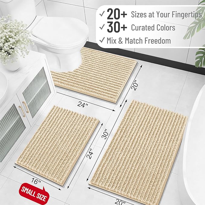OLANLY Bathroom Rug Mat 44x24, Thick Soft and Absorbent Chenille Bath Mat, Non-Slip Rubber Backing, Machine Washable Quick Dry Bath Rugs for Tub Shower Floor, Home Decor Accessories, Beige