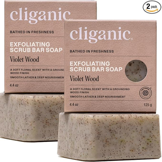 Cliganic Exfoliating Bar Soap – Body Scrub Soap For |Men & Women with 98% Natural Ingredients Cleanses, Smooths & Revitalizes Skin, Moisturizing Soap Bar - Violet Wood Scent (2 Pack)
