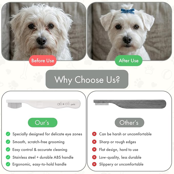 Ali+Oli Pets Eye Comb for Dogs & Cats – Fine Tooth Tear Stain Remover Comb – Pet Face Grooming Comb for Removing Eye Gunk, Debris & Tear Stains
