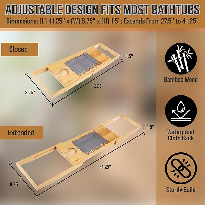 Bamboo Bathtub Tray - Wood Bath Caddy with Book, Phone, or Tablet Rest, Cup Holder, and Extended Sides for Bath Accessories by Home-Complete (Natural)
