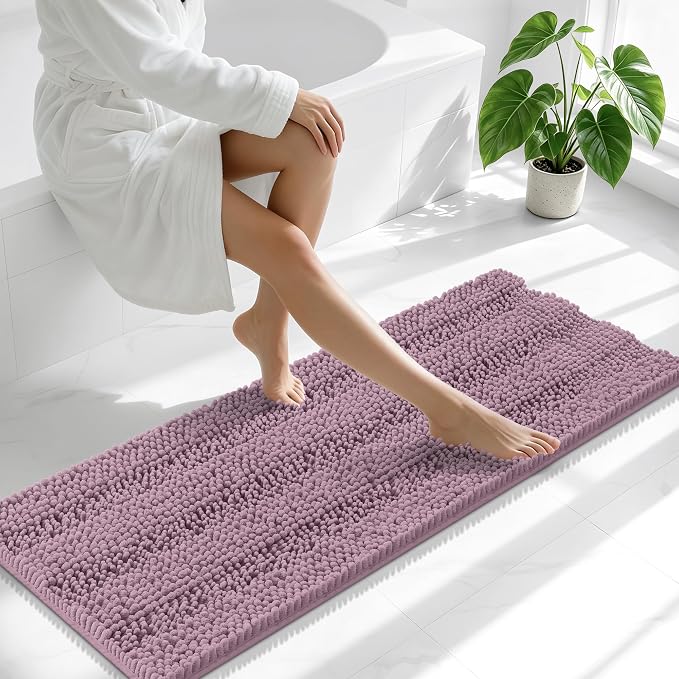 Smiry Thick Chenille Bathroom Runner Rugs 47x17, Extra Absorbent Striped Bath Mat, Machine Washable, Rubber Backing, Long Bath Rugs for Tub & Shower, Modern Home Decor Accessories, Deep Plum