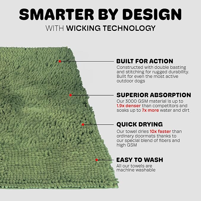 Dog Gone Smart Dirty Dog Doormat - Fast Drying Rug for Dogs - Plush Dog Mat with Super Gripper Backing for Clean Floors - Absorbent Microfiber and Machine Washable Dogs Mat for Muddy Paws - Sage Green
