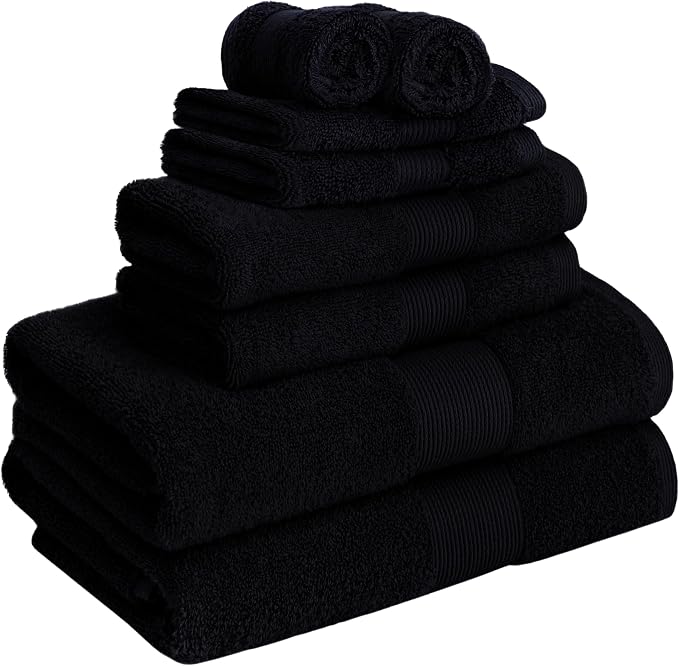 COTTON CRAFT 8 Piece Towel Set - 100% Cotton Plush 500 GSM Bathroom Towels - Soft Super Absorbent Quick Dry - Luxurious Border - 2 Bath, 2 Hand, 4 Washcloth - Black