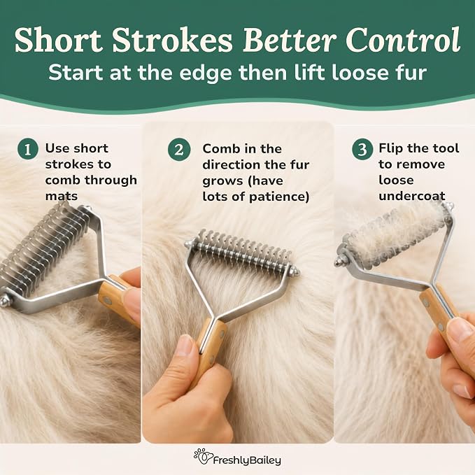 Dematting and Deshedding Comb for Dogs and Cats, 2-Sided Undercoat Rake | for medium to long coats to loosen mats and remove loose undercoat hair