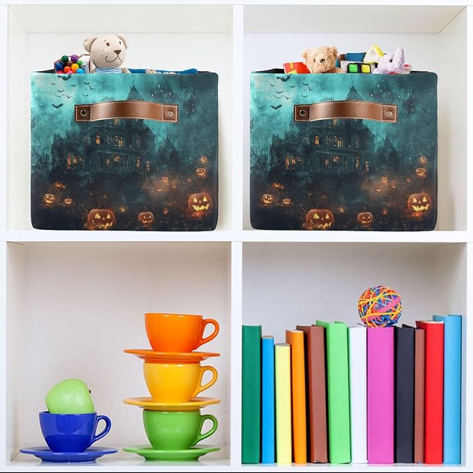 Halloween Castle Storage Basket with Waterproof Liner and PU Handles Spooky Bat Pumpkin Lantern Storage Bins Boxes 14.2" Collapsible Decorative Organizer Baskets for Bedroom Closet Office 2 Pack
