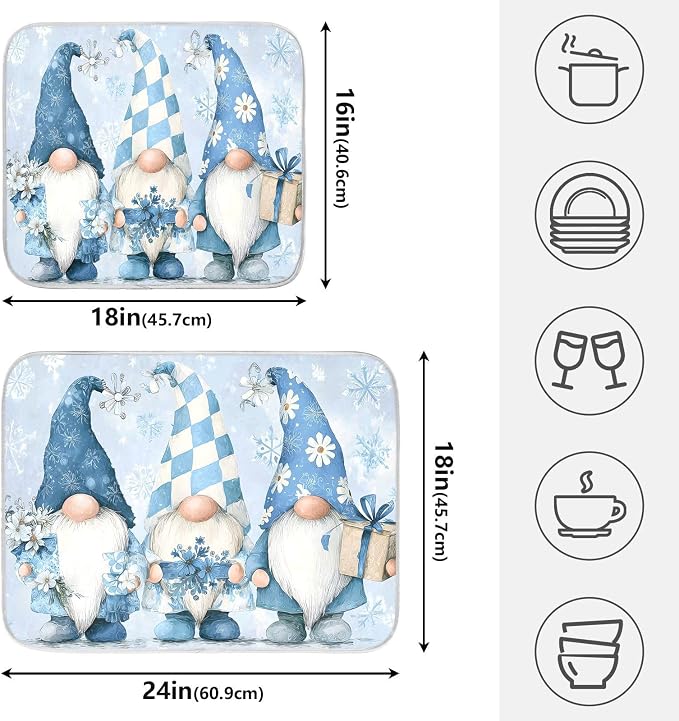 Three Blue Gnomes Dish Drying Mat, Absorbent Drainer Mats for Kitchen Counter Coffee Maker 18"x16"