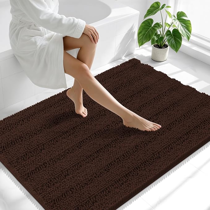 Smiry Thick Chenille Large Bathroom Rugs 47x32, Extra Soft Absorbent Striped Bath Mat, Machine Washable, Rubber Backing, Bath Rugs for Bathroom, Tub & Shower, Home Decor Accessories, Brown