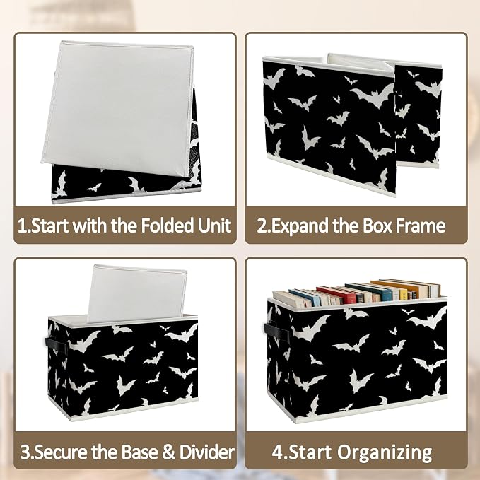 Black and White Bat Foldable Storage Bins Box with Handles, Bat Gifts for Women, Dark Bats Collapsible Organizer Basket for Boys Bedroom Bathroom Clothes Toys Books