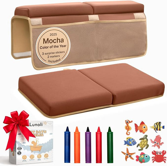 Baby Bath Kneeler and Elbow Rest Pad Set, Mocha Mousse, 1.8 Inch Memory Foam Cushion for Parents, Waterproof Kneeling Pad with 6 Suction Cups, 4 Mesh Pockets, Reusable Markers & Eco Stickers