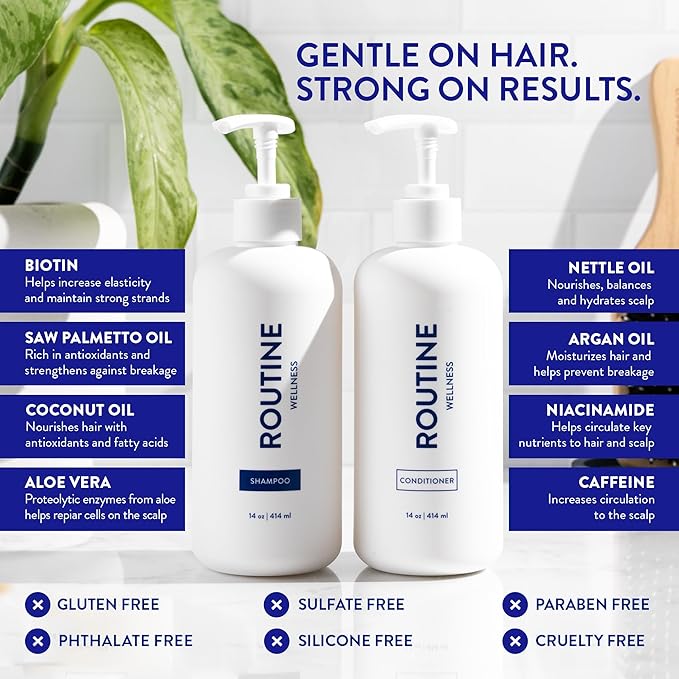 Routine Wellness Anti-Thinning Shampoo & Conditioner - Lavender & Cedar | Clinically tested shampoo for thinning hair with biotin, pea peptides, saw palmetto oil, color safe, sulfate free