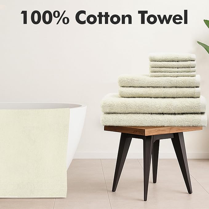 Bath Towels Set of 8 – 100% Ring Spun Cotton (Ivory) Bathroom Towel Set Bale Includes 2 Bath, 2 Hand, 4 Face Towels – 550 GSM Soft, Absorbent & Quick Dry Towel for Bathroom, Spa, Kitchen, Hotel Use