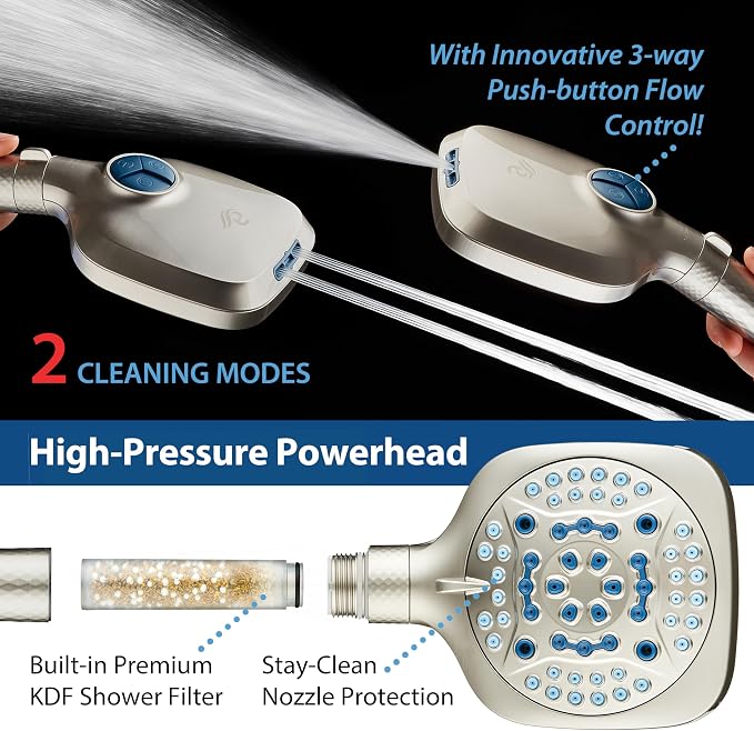 AquaCare 4X High Pressure 10 Spray Mode Filtered Showerhead - Handheld Shower Head Filters Chlorine to Heal Dry Skin, Revive Hair - Dual Power Wash Cleans Tub, Tile, Pets - Hard Water Softener, Nickel