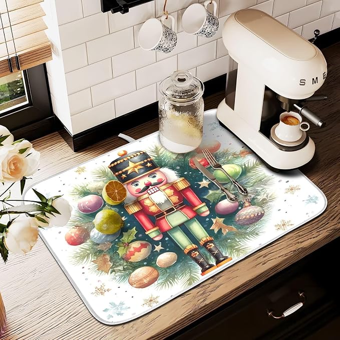 Watercolor Nutcracker Dish Drying Mat, Absorbent Drainer Mats for Kitchen Counter Coffee Maker 24"x18"