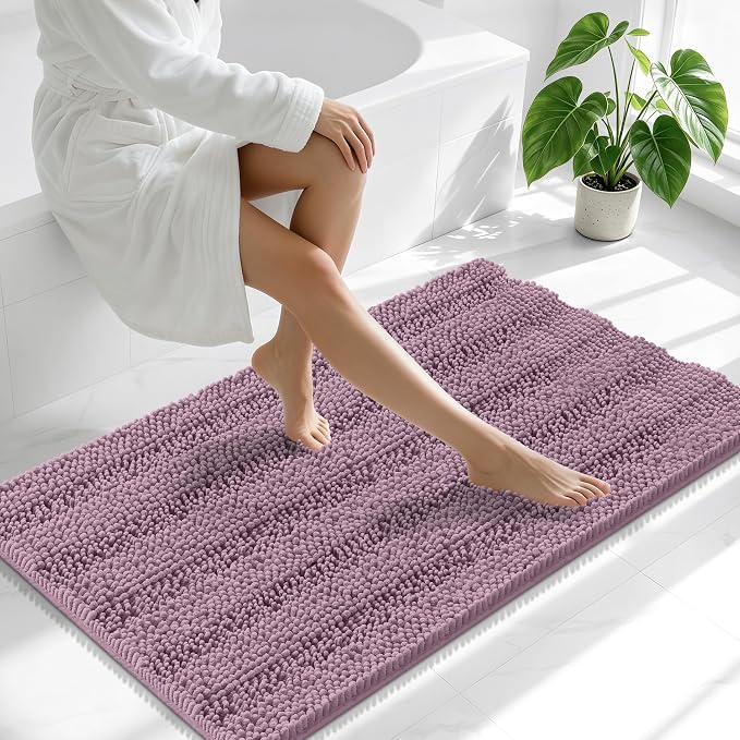 Smiry Thick Chenille Bathroom Runner Rugs 44x24, Extra Absorbent Striped Bath Mat, Machine Washable, Rubber Backing, Long Bath Rugs for Tub & Shower, Modern Home Decor Accessories, Deep Plum