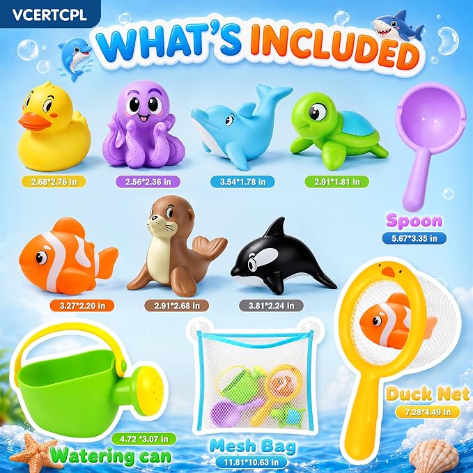 Vcertcpl Bath Toys for Kids Toddler Bathtub Toys, No Hole Baby Bath Toys with Floating Rubber Animals, Watering Can, Duck Net and Spoon, 11 Pack Bathtub Sand Beach Pool Toys Water Toys for Kids