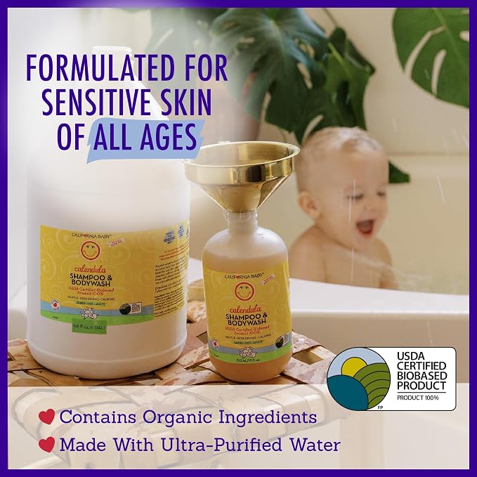 California Baby Calendula Baby Shampoo + Baby Wash | 100% Plant-Based | Soothing Lavender Body Wash Sensitive Skin | Hypoallergenic | 251 mL / 8.5 oz