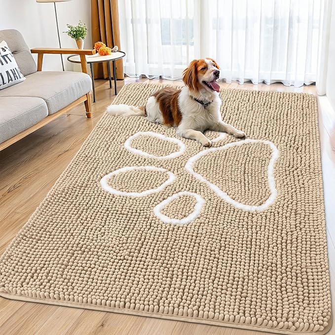 Smiry Dog Door Mat for Muddy Paws, Absorbent Dirt Trapper Non Slip Quick Dry Washable Chenille Mat for Mud Dogs, Entry Rug for Indoor and Outdoor (71x46 Inches, Beige and White)