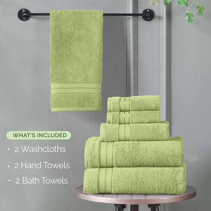 Elegant Comfort Luxury 6-Piece Towel Set, Premium Soft 100% Turkish Cotton, Three Line Popcorn Design 2 Bath Towels, 2 Hand Towels and 2 Washcloths Towel Set - Quick-Drying and Absorbent, Sage Green