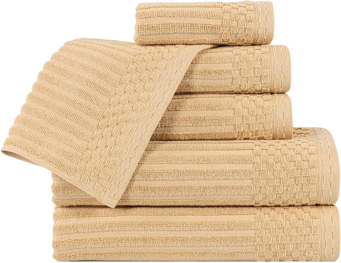 Superior 6 Piece Cotton Towel Set, Includes 2 Bath Towels, 2 Hand Towels, 2 Face Towel/Washcloths, Daily Use for Bathroom, Guest Bath, Ribbed, Absorbent, Home Essentials, Soho Collection, Gold