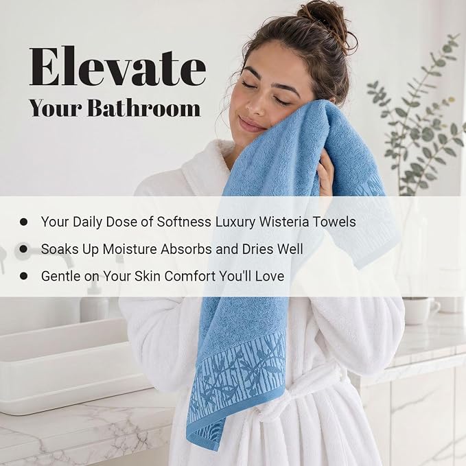 Superior Floral Jaquard Cotton Bath Towels, 2pc Towel Set, Waterfall Blue | Soft Absorbent Quick Dry Terry Weave, Machine Washable Breathable Premium Hotel Quality, Wisteria Towels, Large 2 Bath Towel