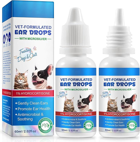 ZIXAOK 2PCS Dog & Cat Ear Infection Treatment Drops, Pets Ear Cleaning Drops with 1% Hydrocortisone for Dog & Cats Yeast Infection, Itchy Ear Relief, Treats Ear Infections for Dogs & Cats