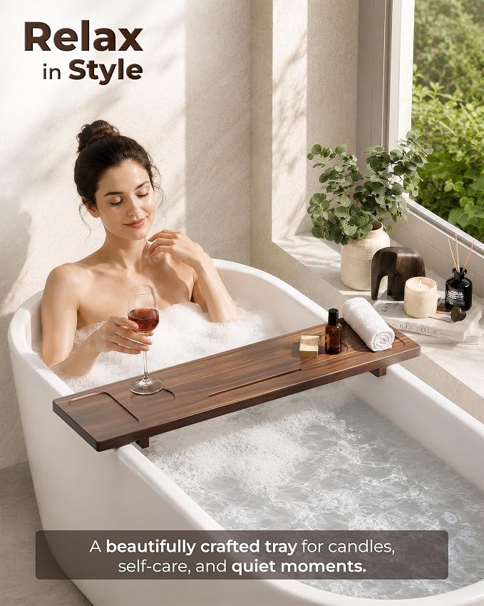 Acacia Wood Bathtub Caddy Tray for Tub, 34.6" Adjustable Bath Tray with Tablet Slot, Wine Glass Holder, Anti-Tip Legs, Spa Bath Table for Relaxing Bath Time