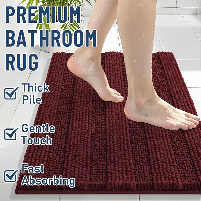 Grandaily Chenille Striped Bathroom Rugs 36x24, Extra Thick and Soft Absorbent Bath Mats, Rubber Backing, Plush Shaggy Shower Carpet, Machine Wash Dry, Bath Rug for Bathroom, Reddish Brown