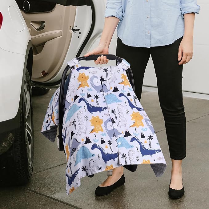 Rquite Baby Car Seat Cover, Carseat Covers Baby Boy, Minky Infant Car Seat Cover Winter, Peekaboo Opening Car Seat Canopy, Multi-use Baby Carrier, Stroller, Nursing Cover, Minky Blanket, Dinosaur