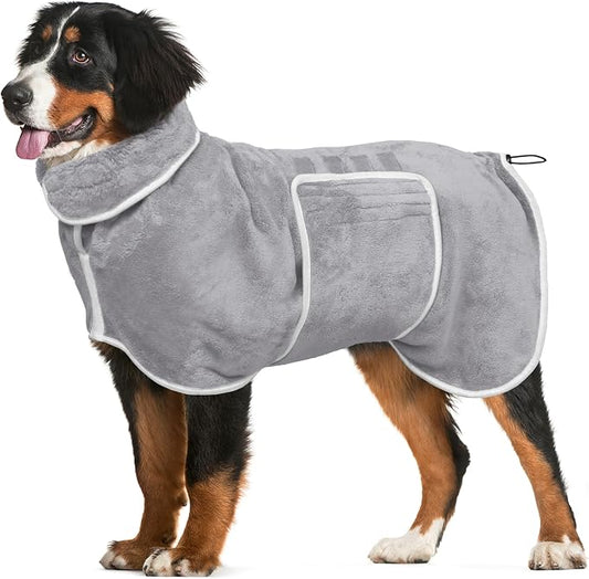 Dog Bathrobe Towel Drying Coat - Super Absorbent Dog Towels Bath Robe for Drying Dogs Large, Soft Adjustable Collar & Belly Strap Fast Drying Coat Pet Bath Robe Towel (Grey, Medium)