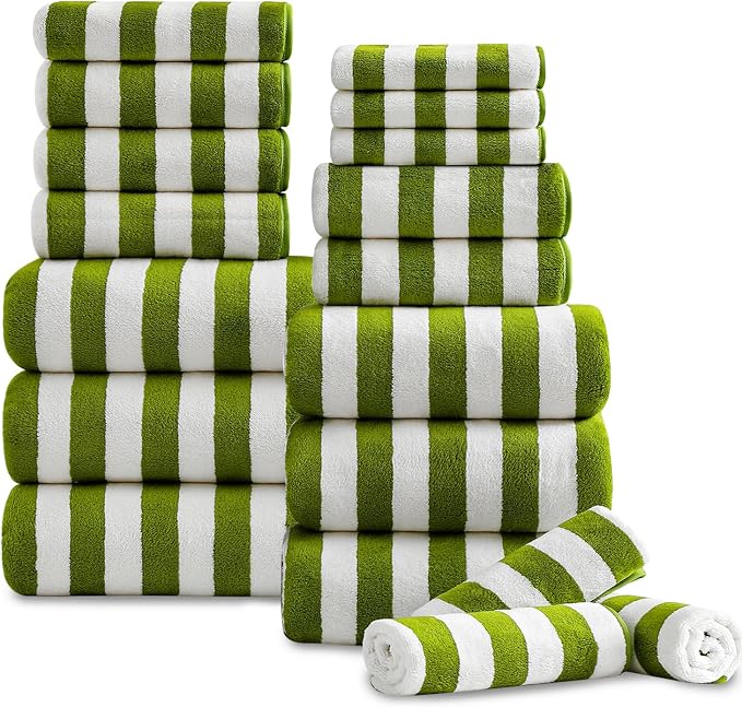 18 Pcs Green Stripe Bath Towel Set with Hanging Loop-6 Bath Towels,6 Hand Towels,6 Washcloths Soft Family Towels Set Bathroom Towel Highly Absorbent Quick Dry Shower Towel for Beach Spa Gym Hotel
