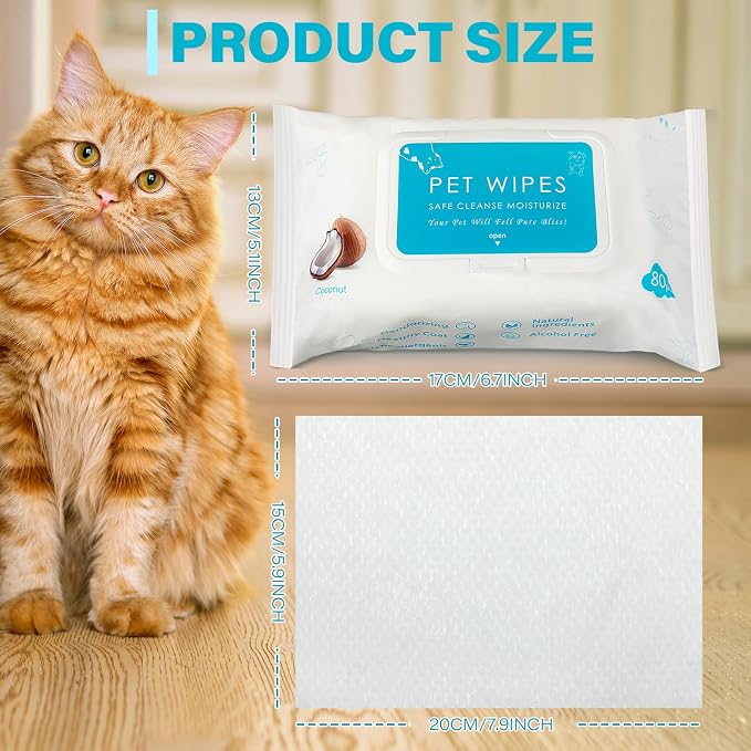 Treela 10 Packs of 80 Dog Wipes Pet Wipes Cat Grooming Supplies for Paws, Butt, Ear, Skin, Body Bath Cleaning Stain Odor Remover, Home or Travel Use(Coconut)