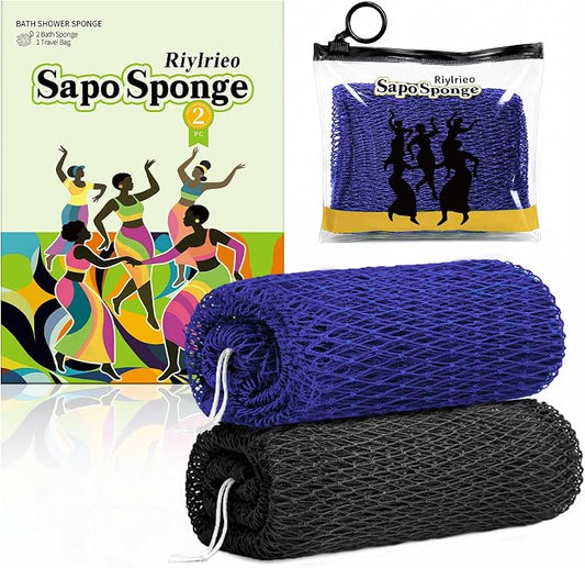 African Net Sponge for Shower, 2PCS Exfoliating Shower Sponge with Waterproof Travel Bag, Quick-Drying African Wash Cloth for Deep Cleansing & Smooth Skin (Dark Blue & Black)