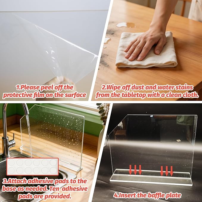 2 Pcs Acrylic Sink Splash Guard with Self-adhesive Anti-slip Rubber Pads Clear Splash Guard for Kitchen Sink Area for Restroom, Laboratory, Office (15.7"x11.8")