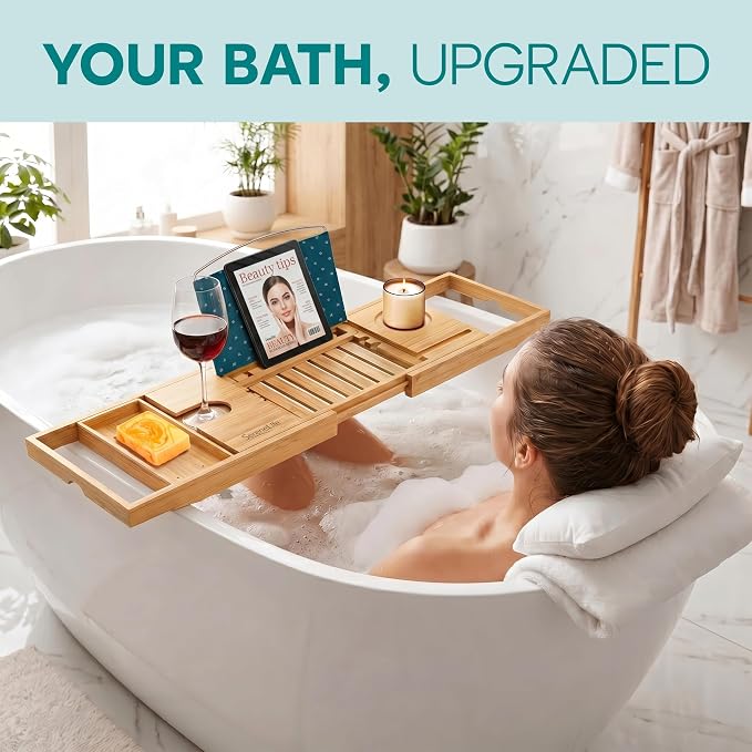 SereneLife Luxury Bamboo Bathtub Caddy Tray - Adjustable Natural Wood Bath Tub Organizer with Wine Holder, Cup Placement, Soap Dish, Book Space & Phone Slot for Spa, Bathroom & Shower - SLBCAD20