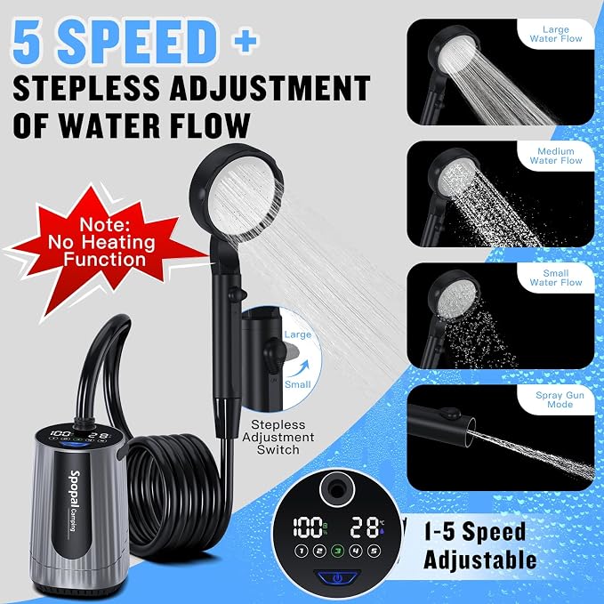 Spopal Portable Shower for Camping, [Upgraded] 10000mAh Rechargeable Camping Shower with 5 Adjustable Speeds,Premium LED Display, IPX8 Waterproof Outdoor Shower Kit for Hiking, Car, Pet, Travel