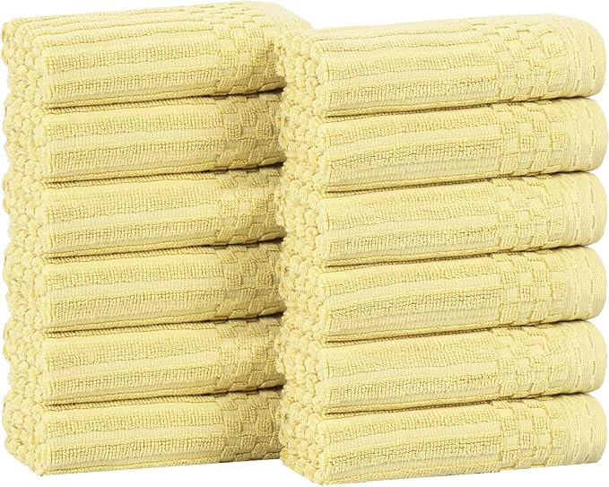 Superior Cotton Face Towel/Washcloth Set of 12, Daily Use for Bathroom, Guest Bath, Quick Dry Small Towels, Face, Hand, Gym, Spa, Hotel, Absorbent, Essentials, Ribbed, Soho Collection, Golden Mist