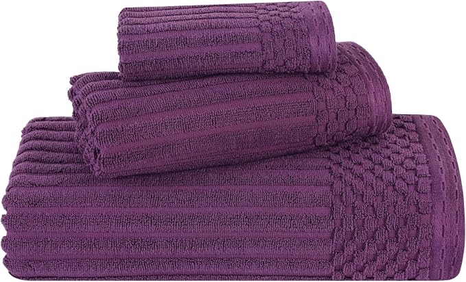 Superior 3 Piece Cotton Towel Set, Includes 1 Bath Towel, 1 Hand Towel, 1 Face Towel/Washcloth, Daily Use for Bathroom, Guest Bath, Quick Dry, Ribbed, Absorbent, Essentials, Soho Collection, Plum