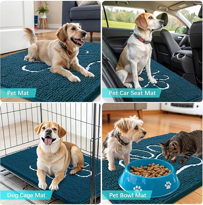 OLANLY Dog Door Mat for Muddy Paws 59x20, Paw Print Design, Absorbs Moisture and Dirt, Absorbent Non-Slip Washable Doormat, Quick Dry Chenille Mud Mat, Entry Indoor Entryway Carpet, Atlantic Blue
